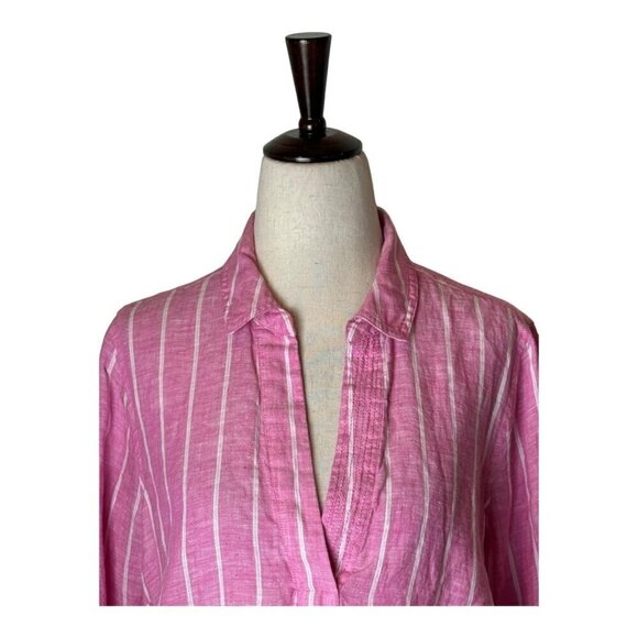 NYDJ Shirt Women Small Pink‎ And White Striped Collared Linen Pullover - Picture 4 of 11